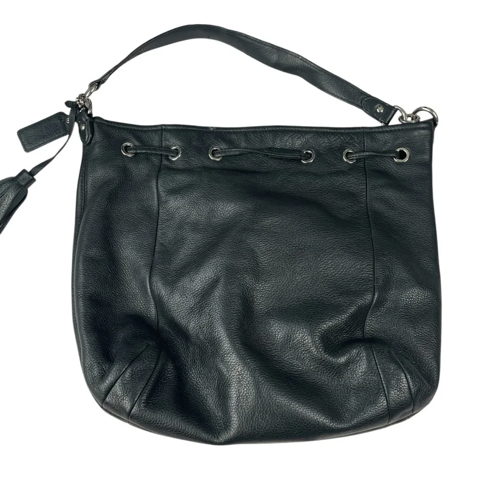 Coach Avery Pebbled Leather Hobo Bag Bucket Drawstring Black Teal Silver - Picture 3 of 16